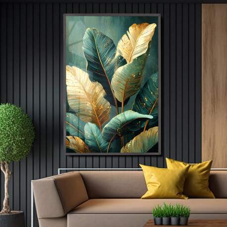 Quadro Decorativo Folhagem Tropical Verde e Dourada