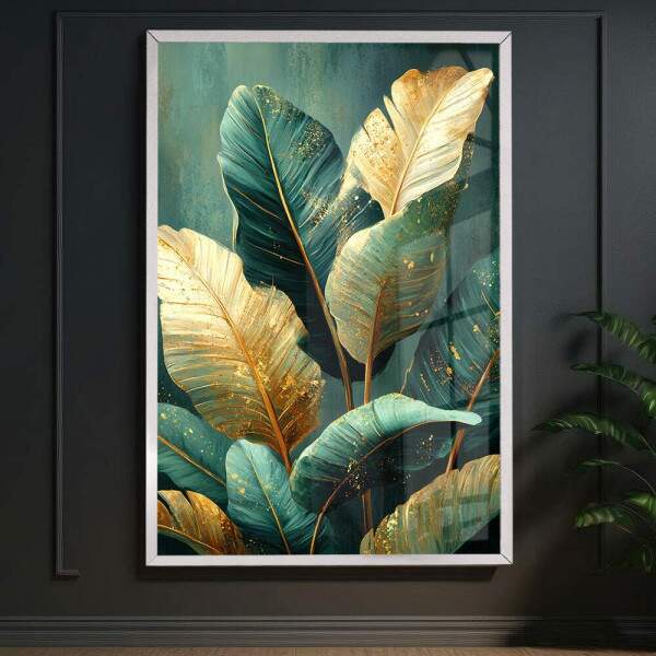 Quadro Decorativo Folhagem Tropical Verde e Dourada