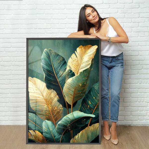 Quadro Decorativo Folhagem Tropical Verde e Dourada