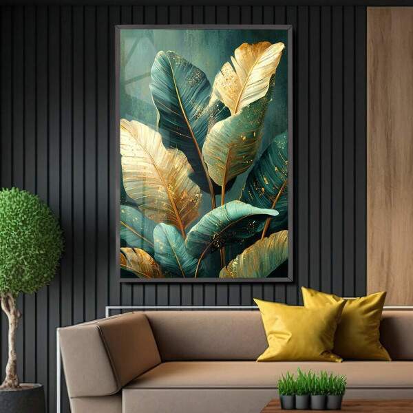 Quadro Decorativo Folhagem Tropical Verde e Dourada