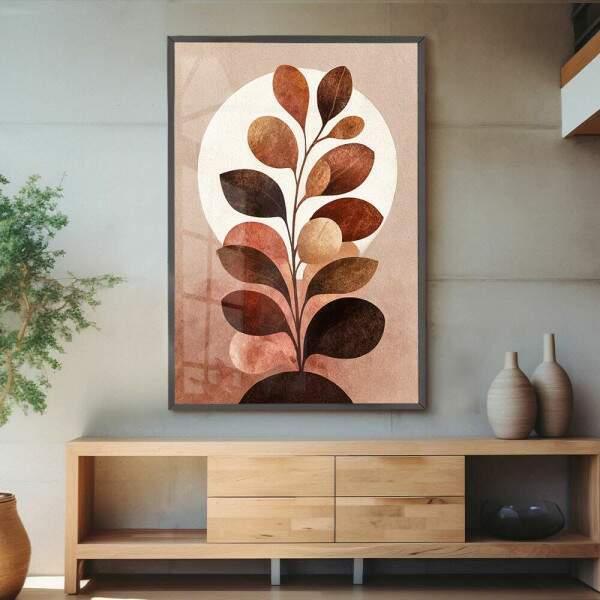 Quadro Decorativo Folhas Abstrato Boho Elegante Marrom