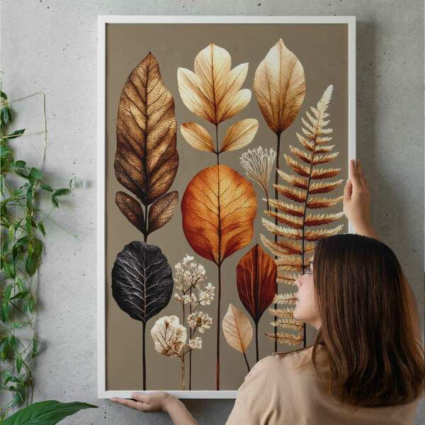 Quadro Decorativo Folhas Em Tons Dourados