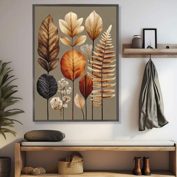 Quadro Decorativo Folhas Em Tons Dourados
