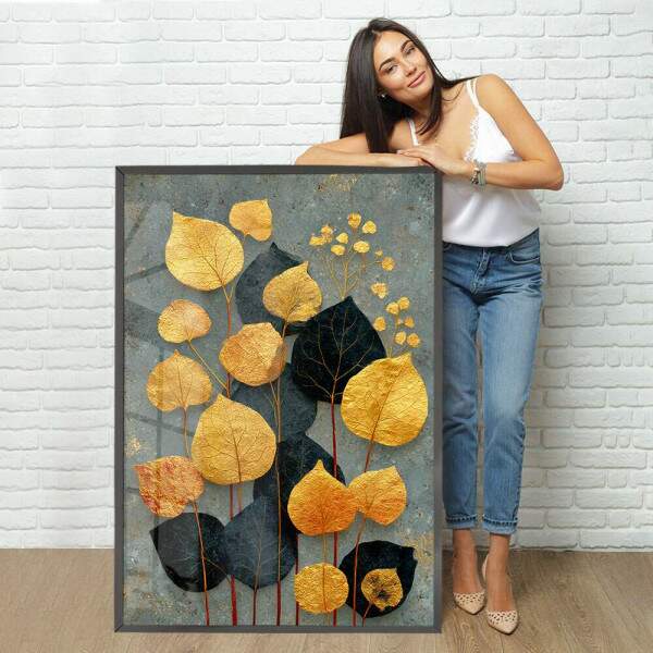 Quadro Decorativo Folhas Flores Abstrato Dourado