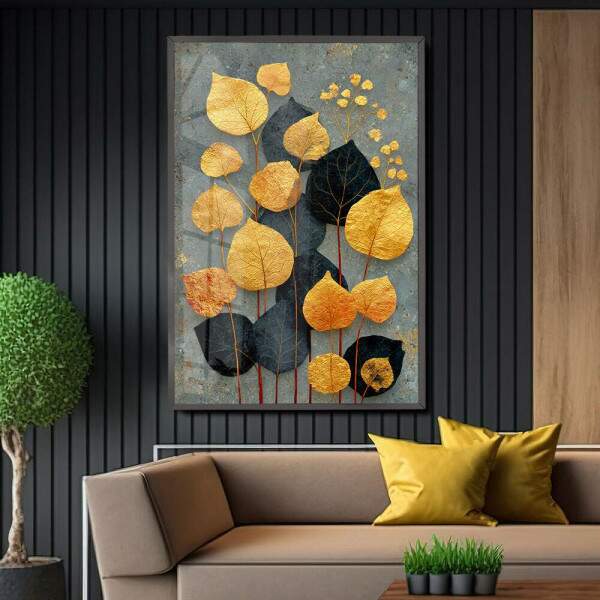 Quadro Decorativo Folhas Flores Abstrato Dourado