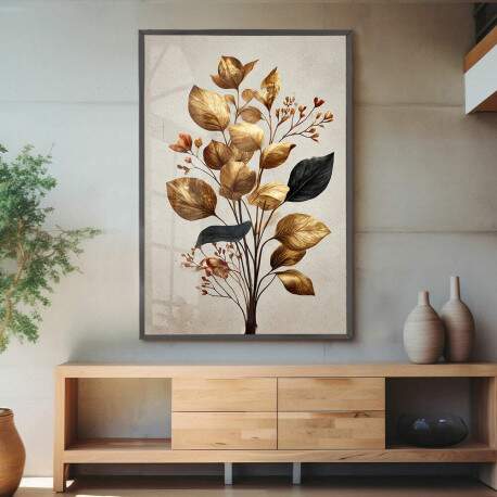 Quadro Decorativo Folhas Flores Botnico Elegante Dourado