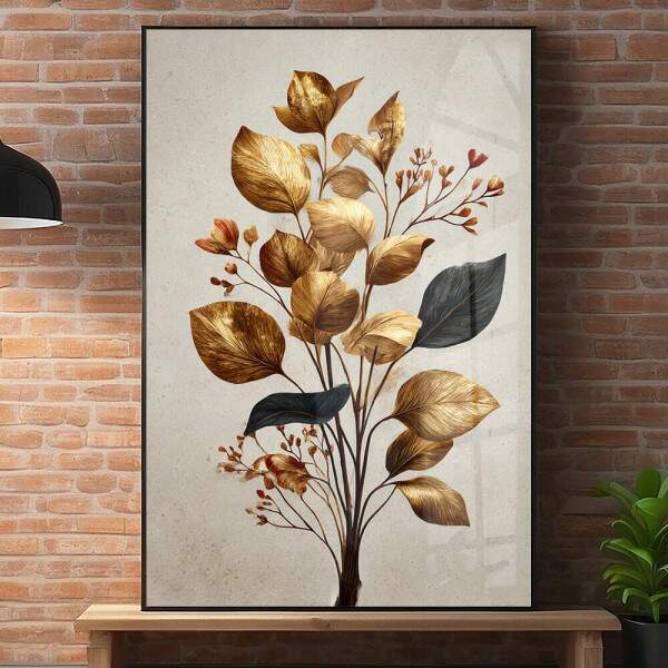 Quadro Decorativo Folhas Flores Botnico Elegante Dourado