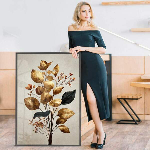 Quadro Decorativo Folhas Flores Botnico Elegante Dourado