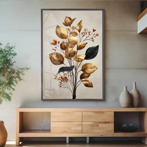 Quadro Decorativo Folhas Flores Botnico Elegante Dourado