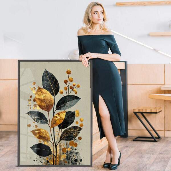 Quadro Decorativo Folhas Minimalista Abstrato Dourado