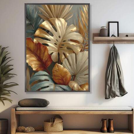 Quadro Decorativo Folhas Monstera Douradas