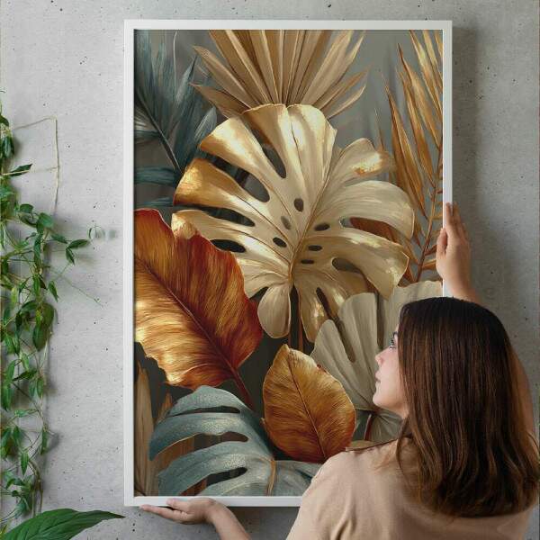 Quadro Decorativo Folhas Monstera Douradas