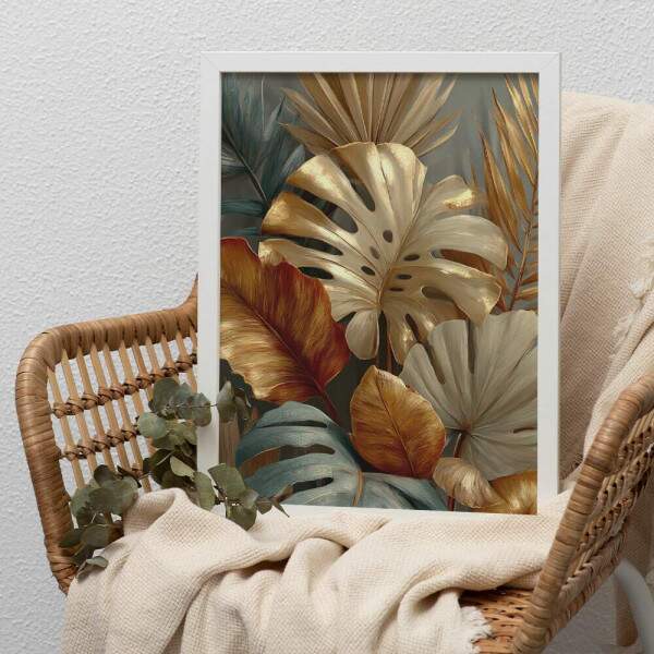 Quadro Decorativo Folhas Monstera Douradas