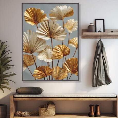 Quadro Decorativo Folhas Palmeira Leque Dourado 