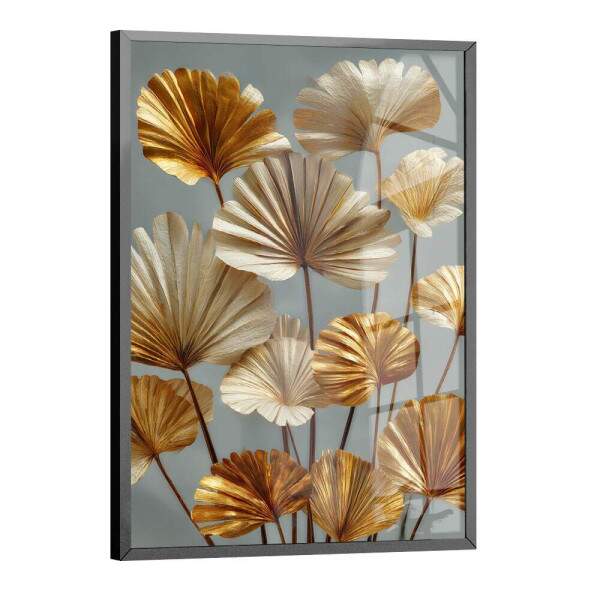 Quadro Decorativo Folhas Palmeira Leque Dourado