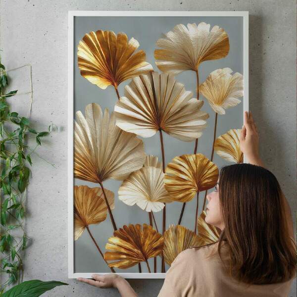 Quadro Decorativo Folhas Palmeira Leque Dourado
