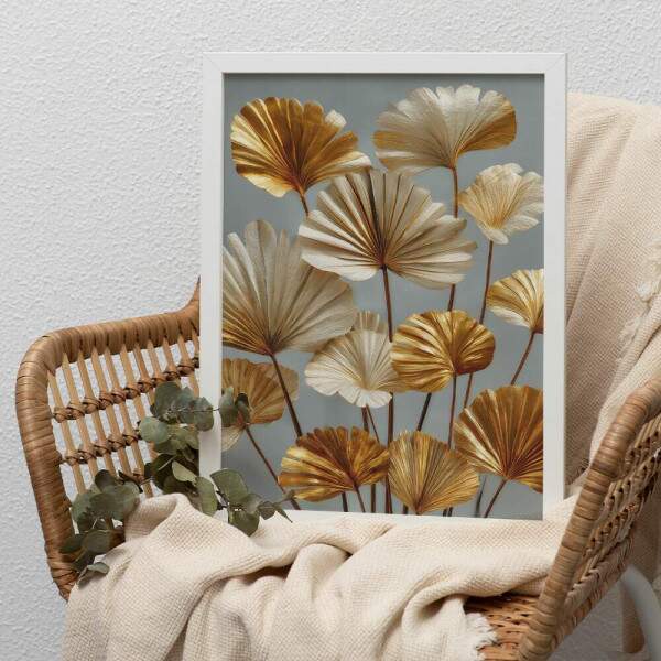 Quadro Decorativo Folhas Palmeira Leque Dourado