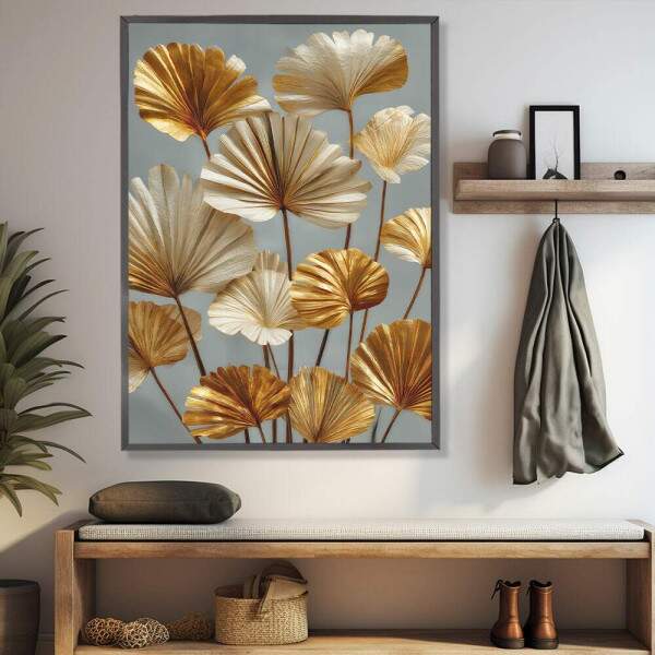 Quadro Decorativo Folhas Palmeira Leque Dourado