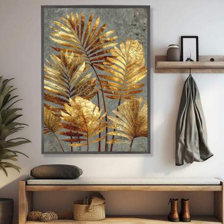 Quadro Decorativo Folhas Pteridfitas Dourado Abstrato