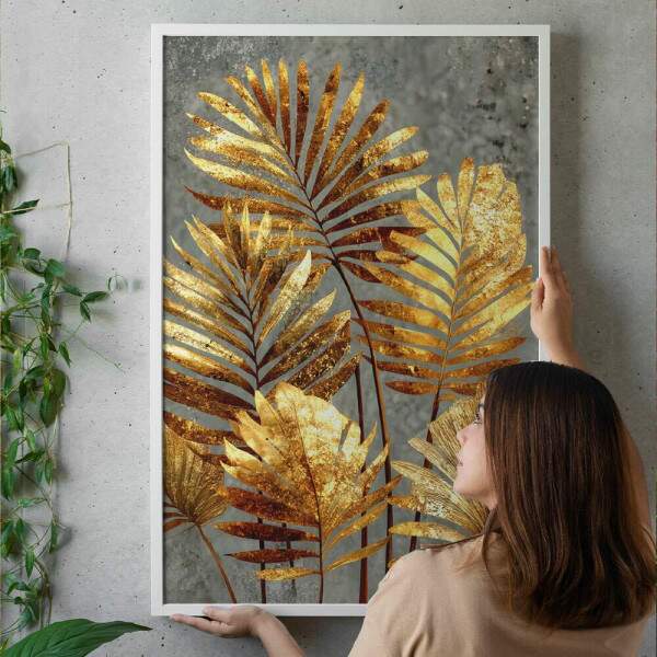 Quadro Decorativo Folhas Pteridfitas Dourado Abstrato