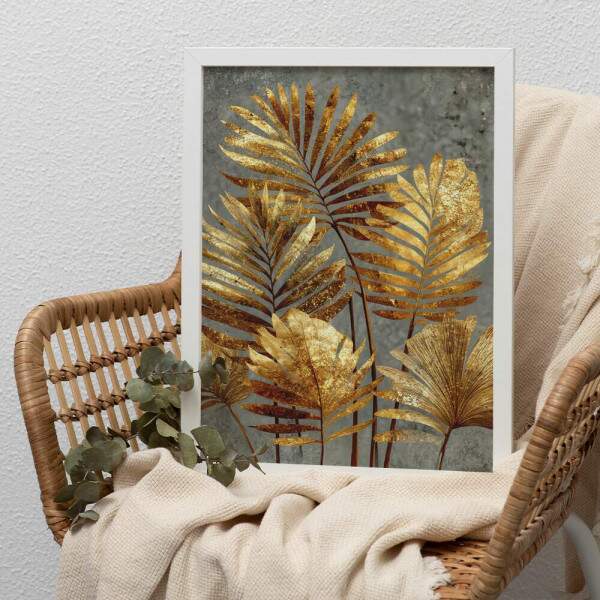 Quadro Decorativo Folhas Pteridfitas Dourado Abstrato