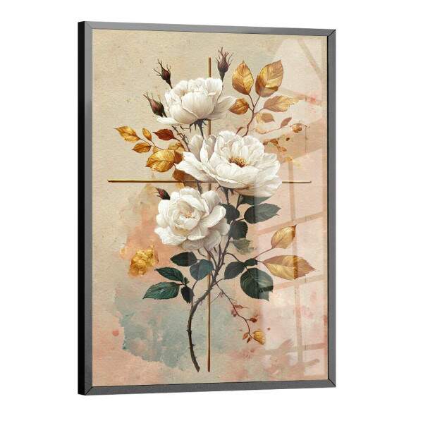Quadro Decorativo Minimalista Flores Brancas Sinal Da Cruz