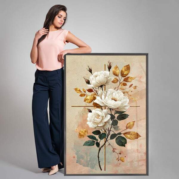 Quadro Decorativo Minimalista Flores Brancas Sinal Da Cruz