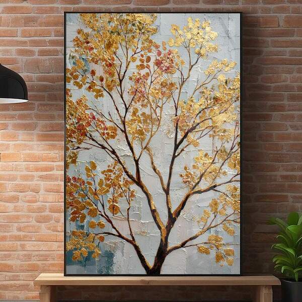 Quadro Decorativo Pintura rvore Folhas Douradas
