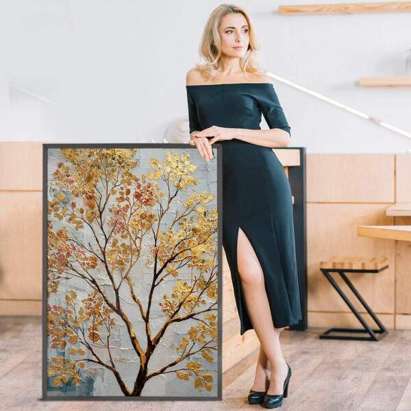 Quadro Decorativo Pintura rvore Folhas Douradas