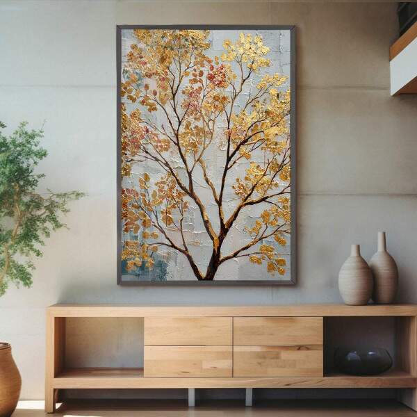Quadro Decorativo Pintura rvore Folhas Douradas