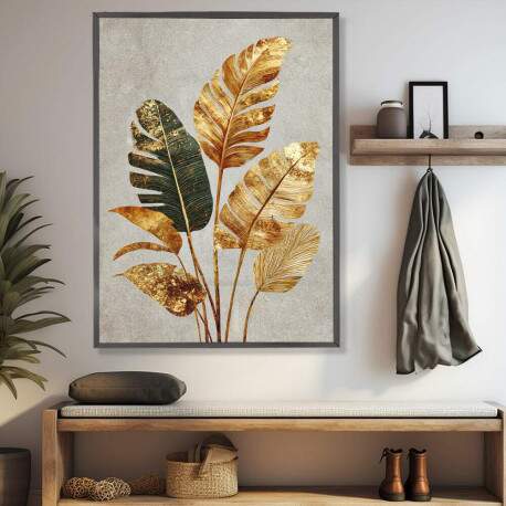 Quadro Decorativo Tropical Dourado Flores Em Conjunto