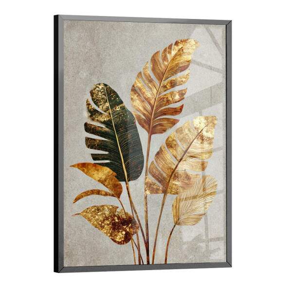 Quadro Decorativo Tropical Dourado Flores Em Conjunto