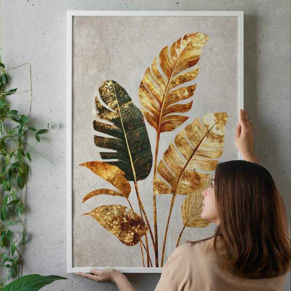 Quadro Decorativo Tropical Dourado Flores Em Conjunto