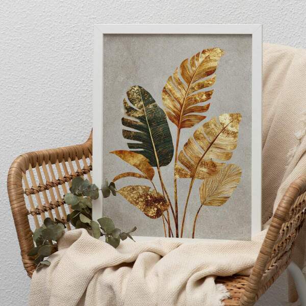 Quadro Decorativo Tropical Dourado Flores Em Conjunto