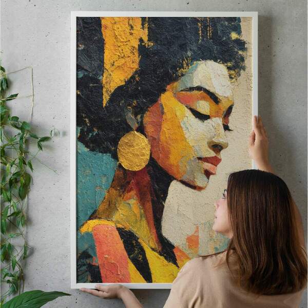Quadro Decorativo Abstrato Mulher Africana Colorido De Perfil