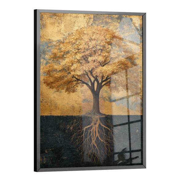 Quadro Decorativo Abstrato rvore e Raiz Em Tons De Dourado