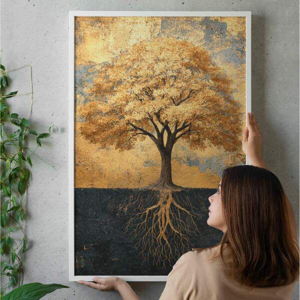 Quadro Decorativo Abstrato rvore e Raiz Em Tons De Dourado
