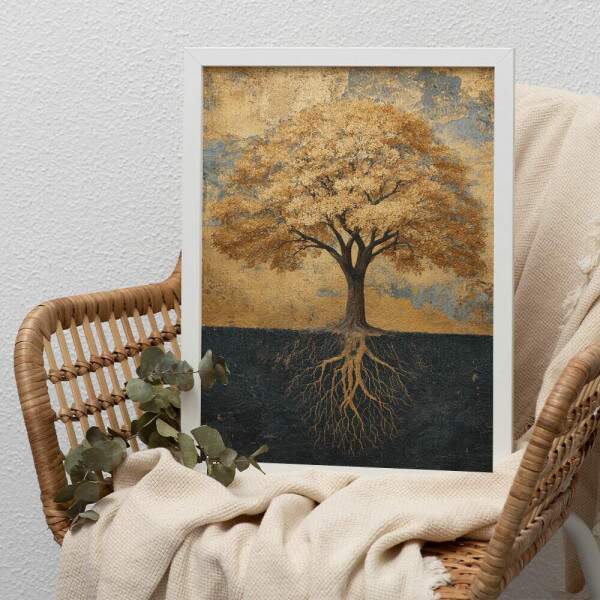Quadro Decorativo Abstrato rvore e Raiz Em Tons De Dourado