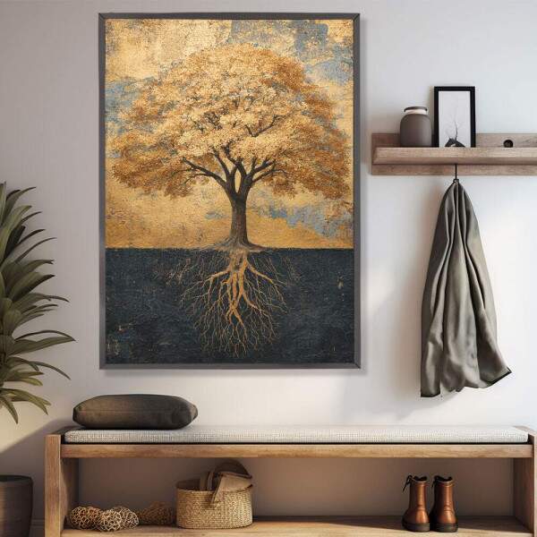 Quadro Decorativo Abstrato rvore e Raiz Em Tons De Dourado