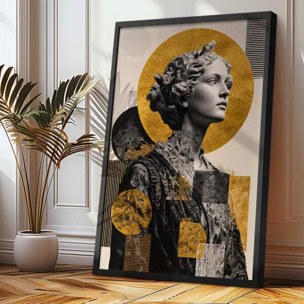 Quadro Decorativo Abstrato Esttua Collage Dourada
