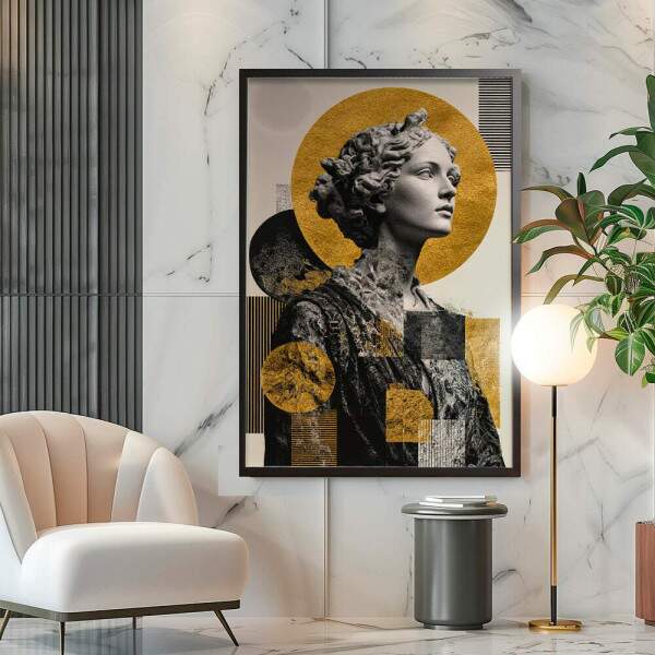 Quadro Decorativo Abstrato Esttua Collage Dourada