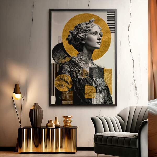Quadro Decorativo Abstrato Esttua Collage Dourada