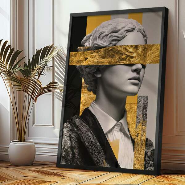 Quadro Decorativo Abstrato Esttua Mulher Com Detalhes Dourados