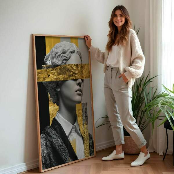 Quadro Decorativo Abstrato Esttua Mulher Com Detalhes Dourados