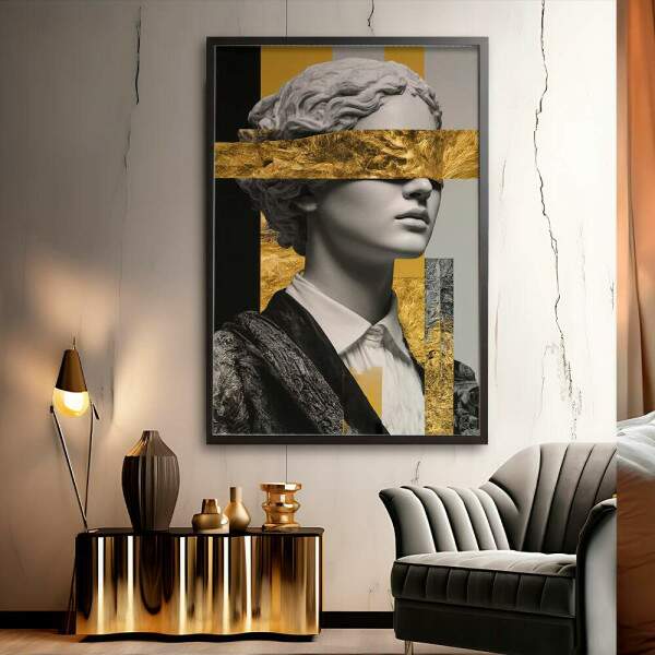 Quadro Decorativo Abstrato Esttua Mulher Com Detalhes Dourados