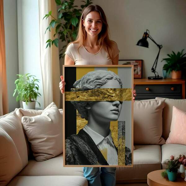Quadro Decorativo Abstrato Esttua Mulher Com Detalhes Dourados