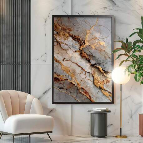 Quadro Decorativo Abstrato Neutro Em Mrmore Dourado e Cinza 