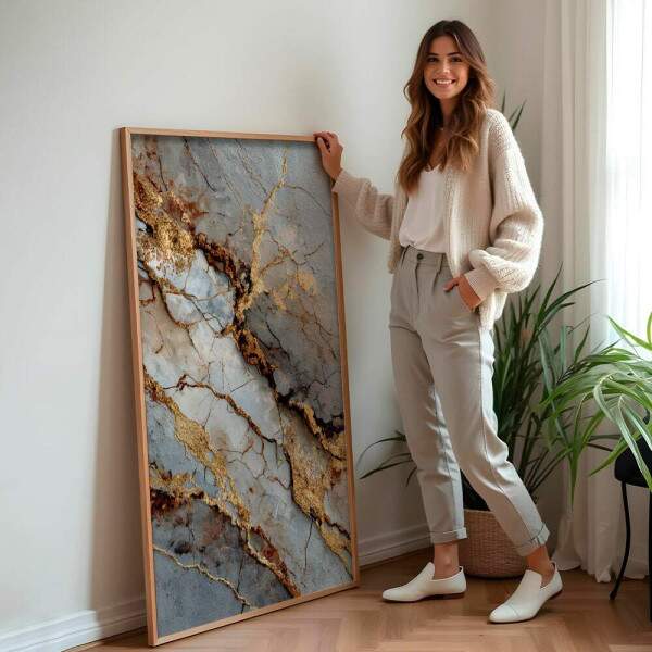 Quadro Decorativo Abstrato Neutro Em Mrmore Dourado e Cinza