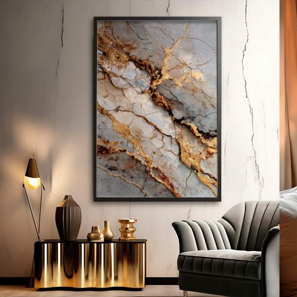 Quadro Decorativo Abstrato Neutro Em Mrmore Dourado e Cinza