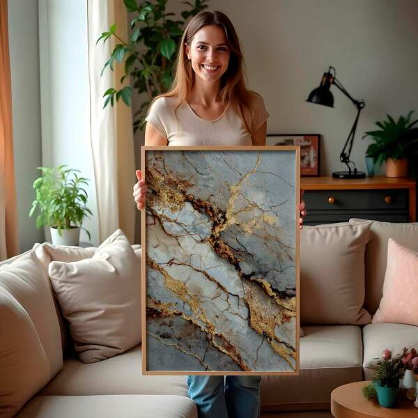 Quadro Decorativo Abstrato Neutro Em Mrmore Dourado e Cinza